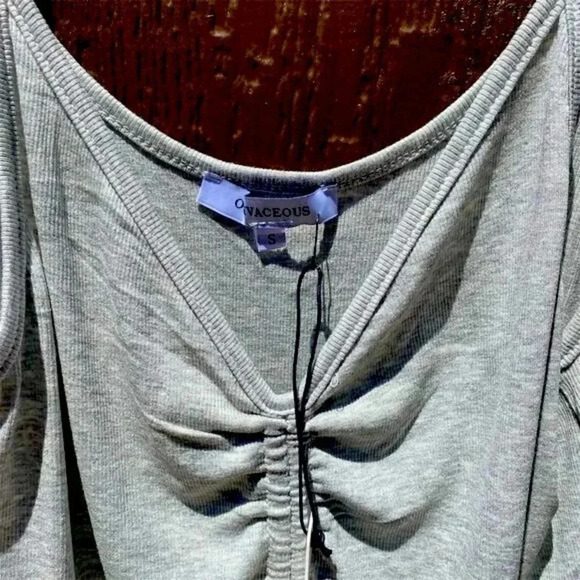 Women's Heather Grey V-Neck Ruched Tie-Front Spaghetti Strap Tank Top NWT - Picture 2 of 4